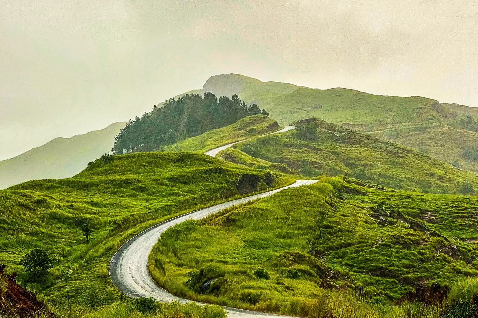 A winding paved road through green misty hills